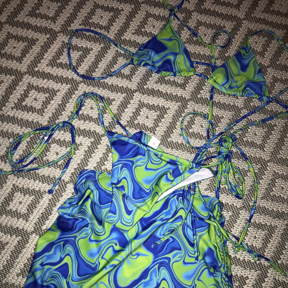 3 Piece New Space Dye Swimsuit with Triangle Bikini, Thong, & Skirt